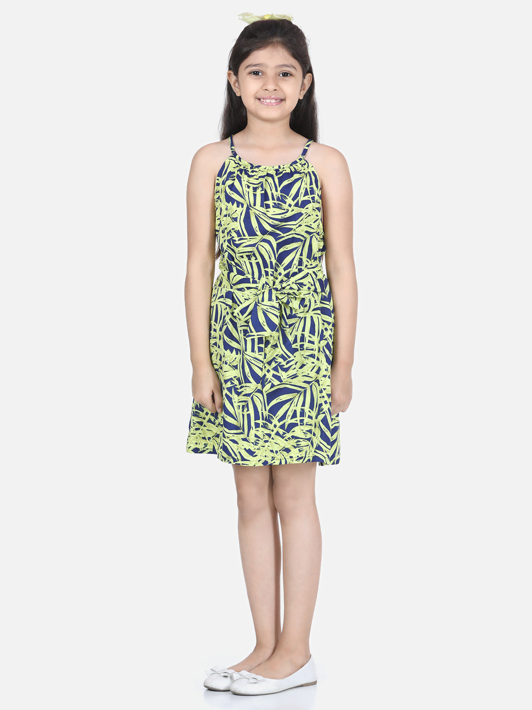 Girl's Blue And Yellow Printed Front Knot Dress - StyleStone Kid