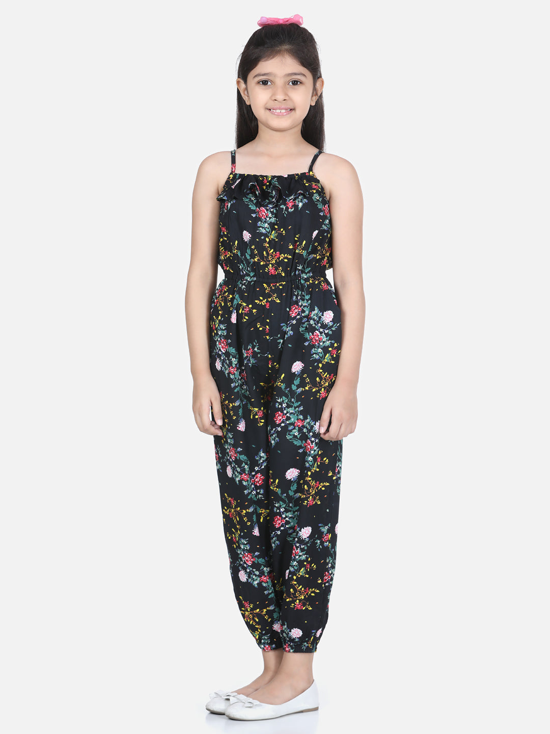 Girl's Floral Print Black Printed Jumpsuit - StyleStone Kid