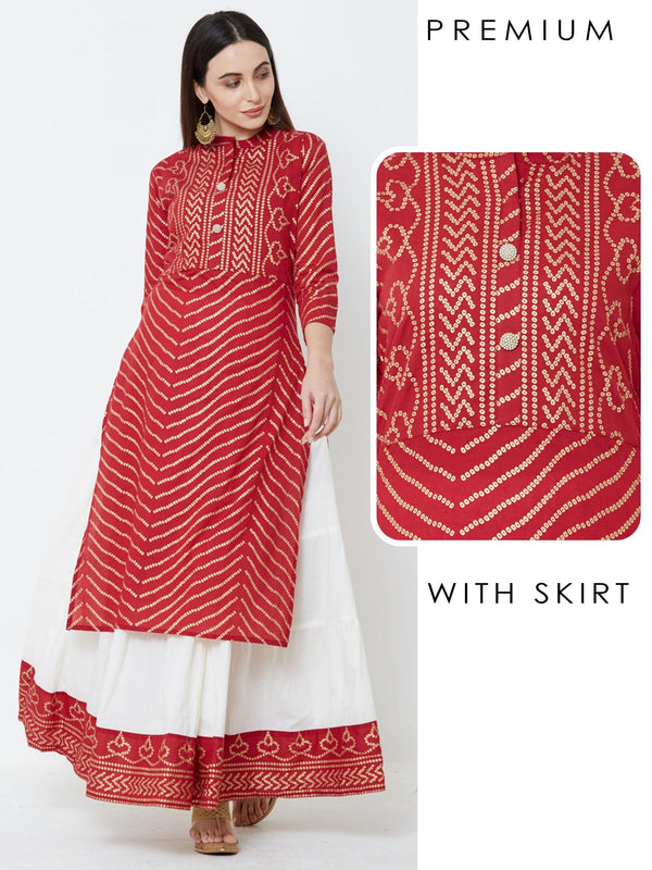 Foil Bandhani & Bead Embellished Kurta with Tiered Skirt – Red - Indiakreations