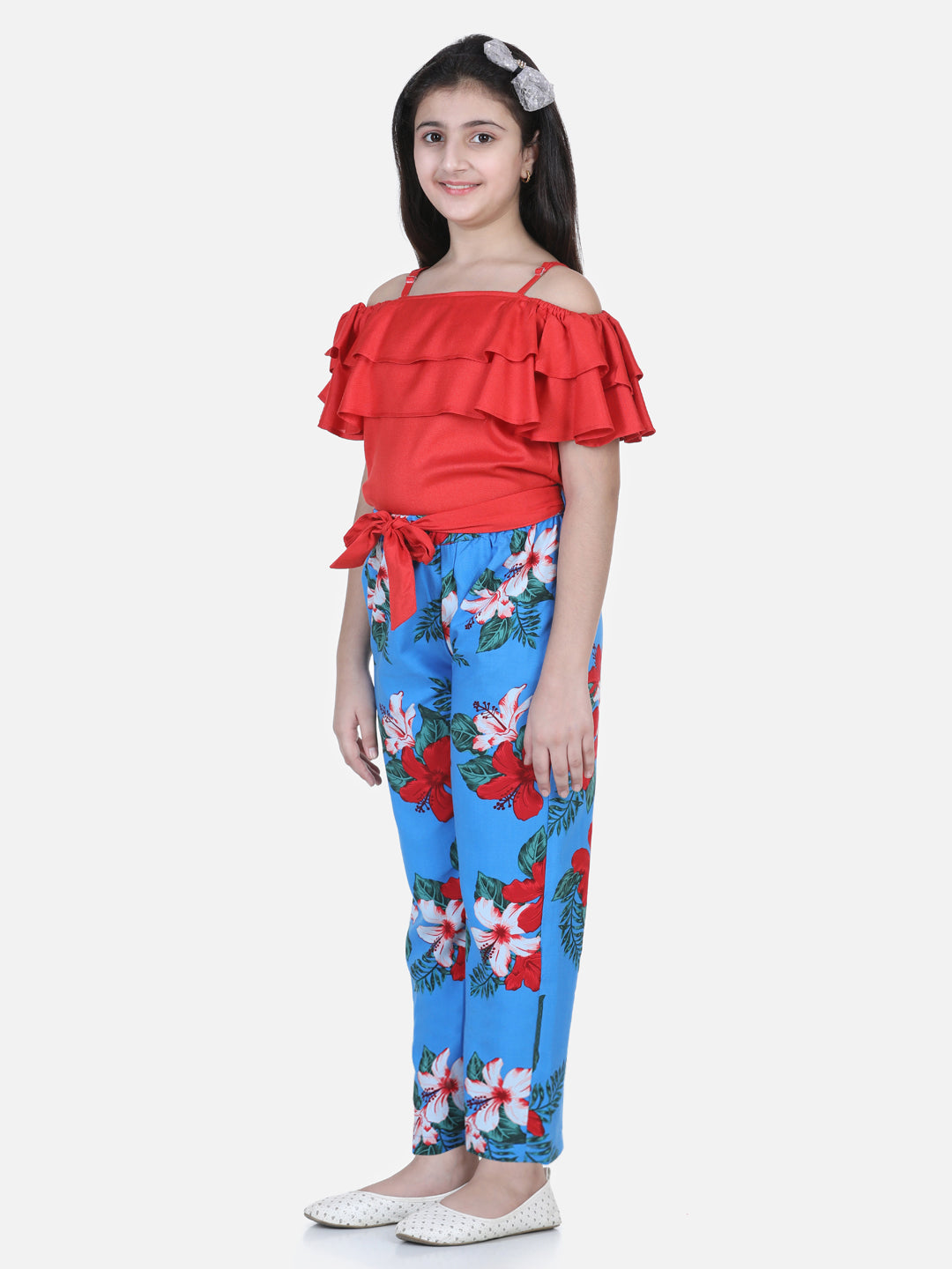 Girl's Red And Blue Floral Printed Top And Trouser Set - StyleStone Kid