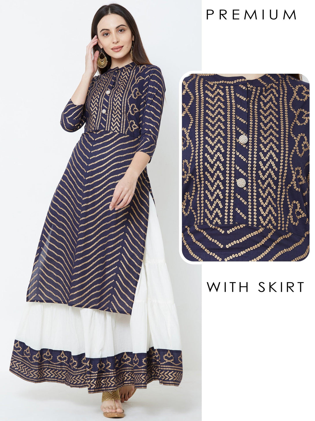 Foil Bandhani & Bead Embellished Kurta with Tiered Skirt – Navy Blue - Indiakreations