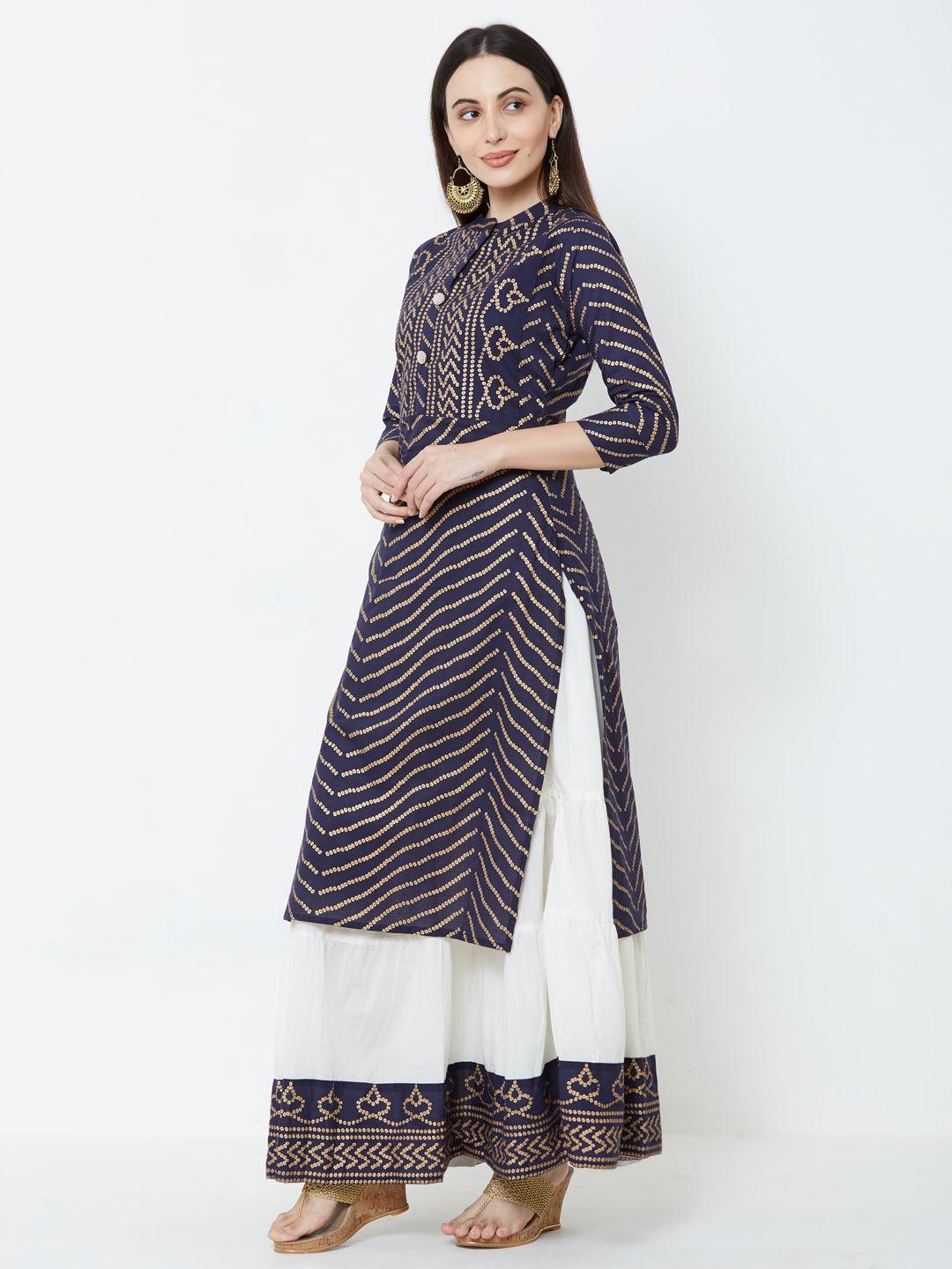 Foil Bandhani & Bead Embellished Kurta with Tiered Skirt – Navy Blue - Indiakreations