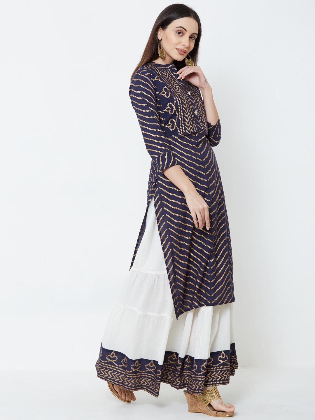 Foil Bandhani & Bead Embellished Kurta with Tiered Skirt – Navy Blue - Indiakreations