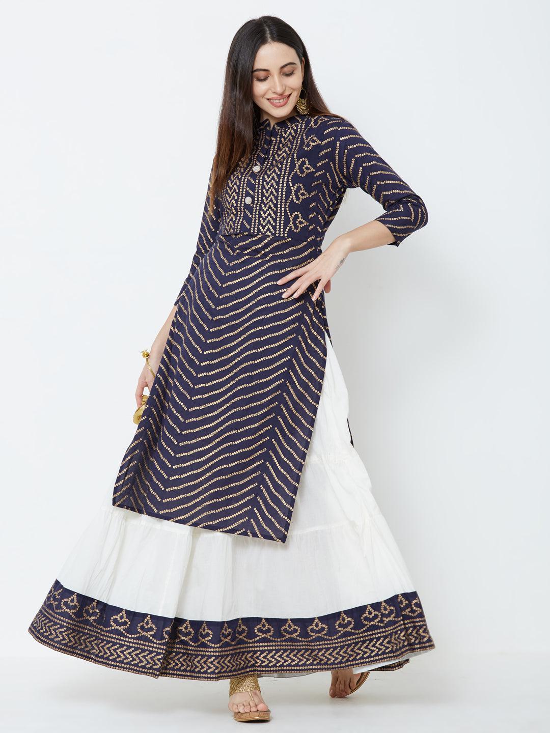 Foil Bandhani & Bead Embellished Kurta with Tiered Skirt – Navy Blue - Indiakreations