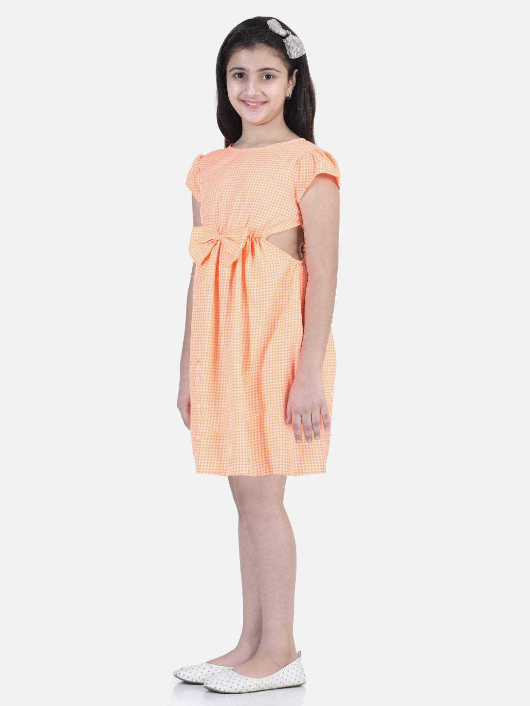 Girl's Orange Check Side Slit Dress - StyleStone Kid