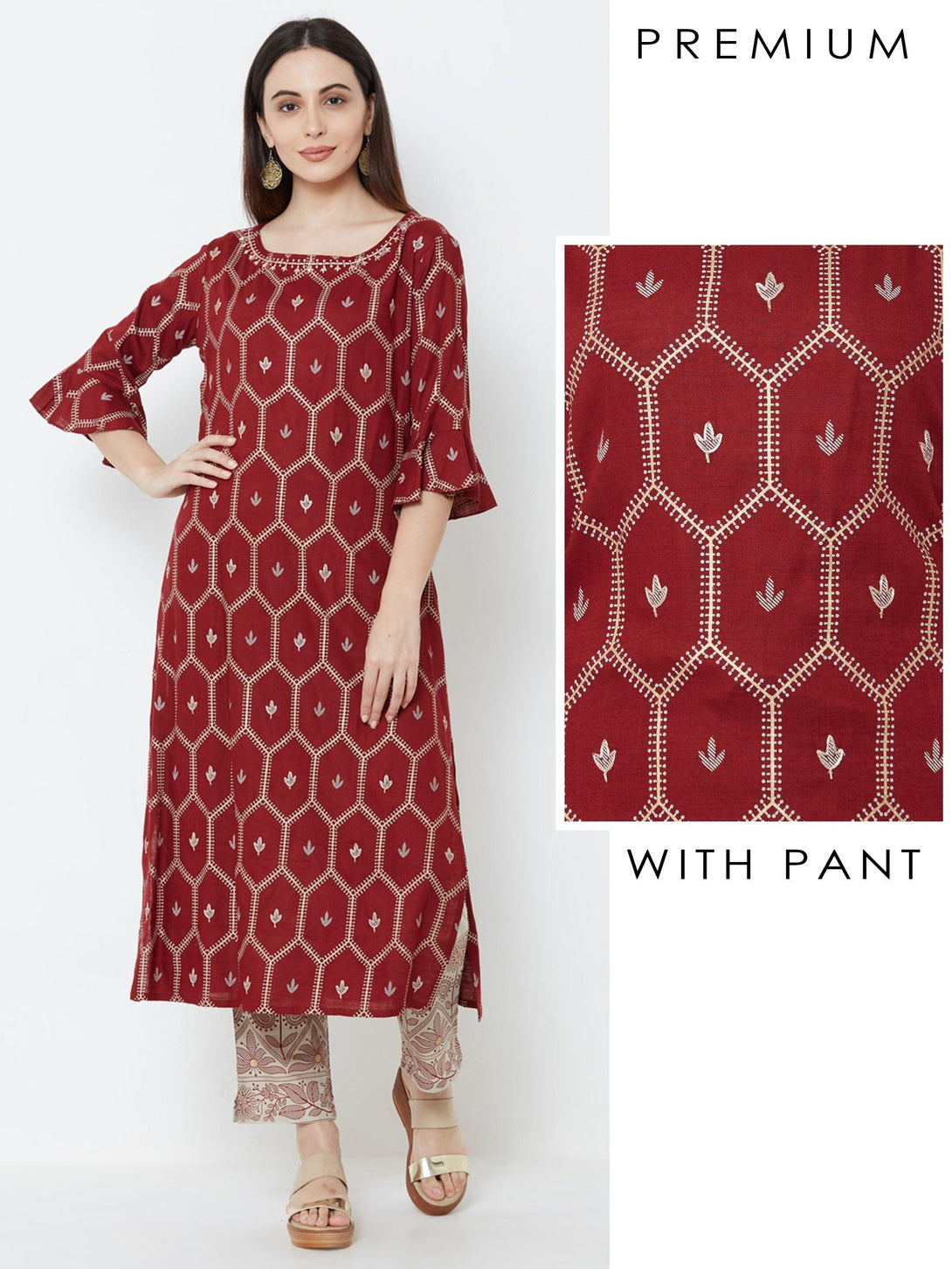 Minimal Floral Embroidered Kurta with Mango Printed Pant – Maroon - Indiakreations