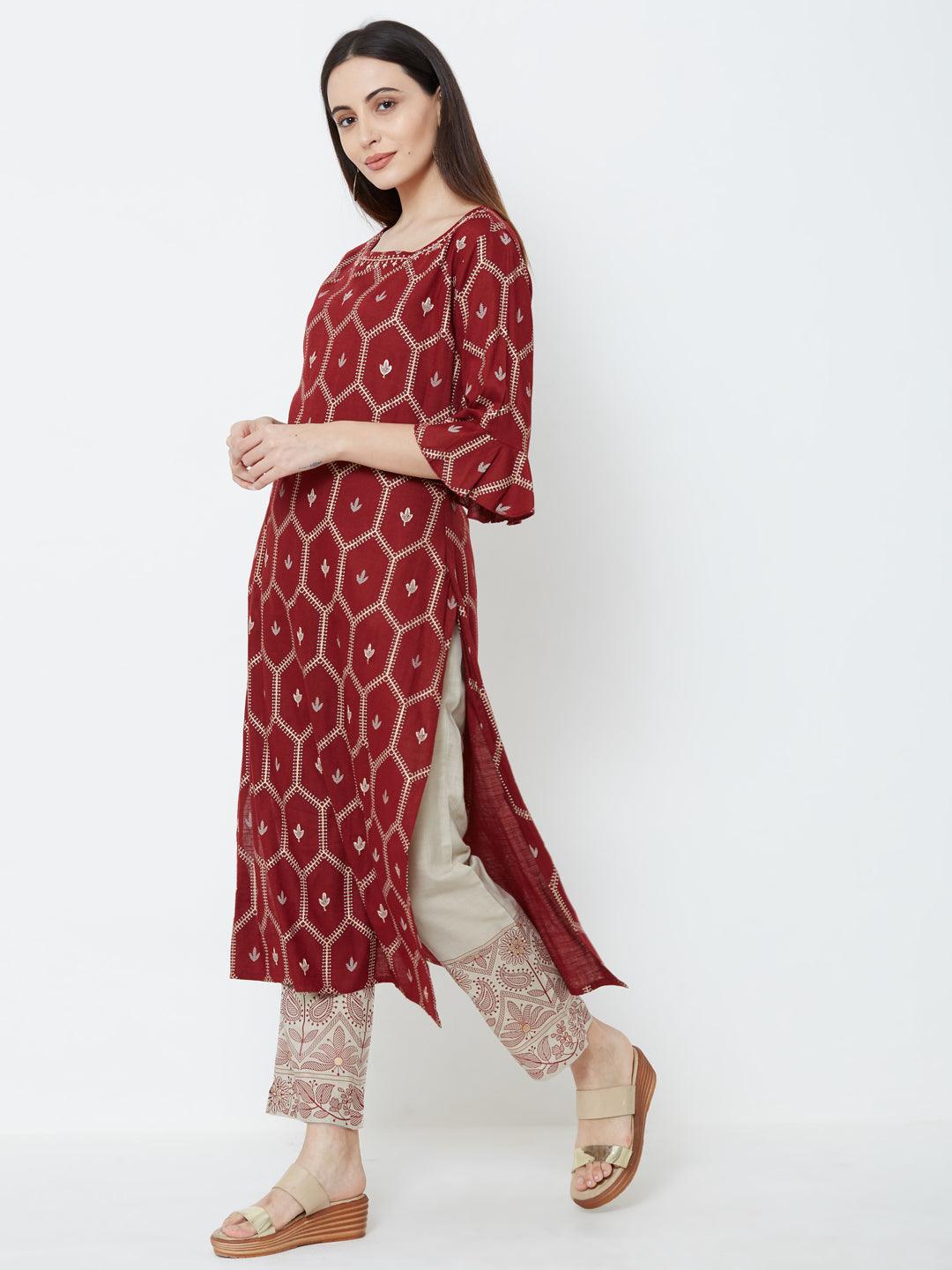 Minimal Floral Embroidered Kurta with Mango Printed Pant – Maroon - Indiakreations