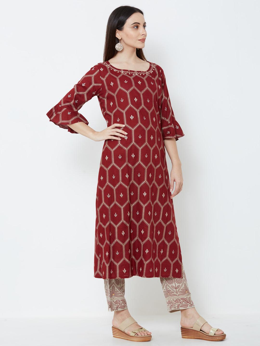 Minimal Floral Embroidered Kurta with Mango Printed Pant – Maroon - Indiakreations