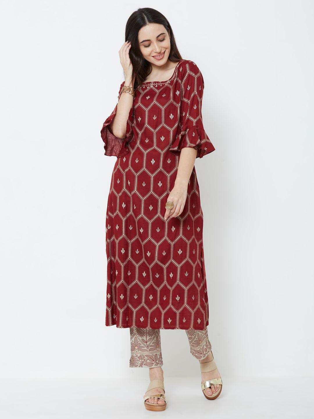 Minimal Floral Embroidered Kurta with Mango Printed Pant – Maroon - Indiakreations