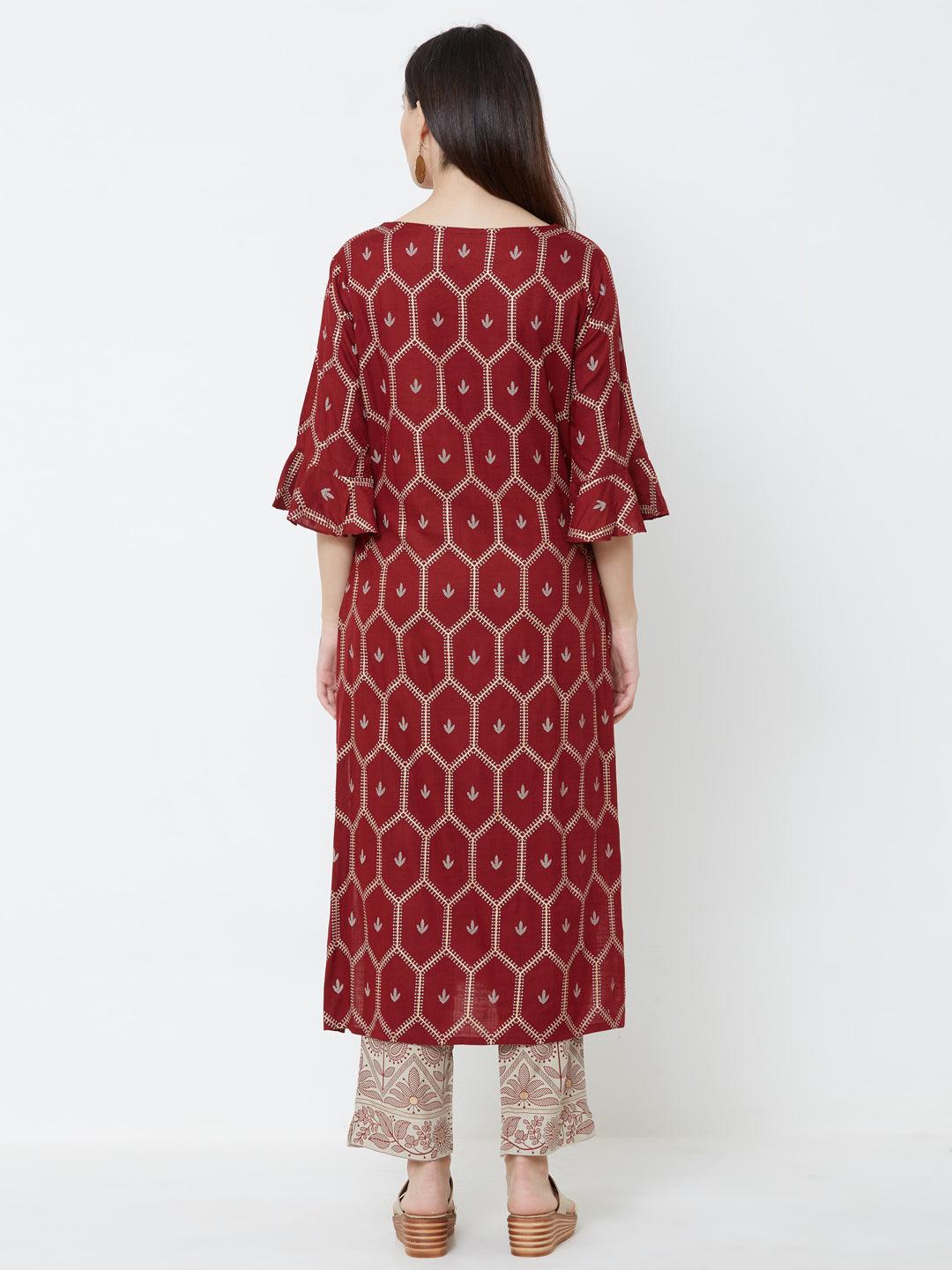 Minimal Floral Embroidered Kurta with Mango Printed Pant – Maroon - Indiakreations