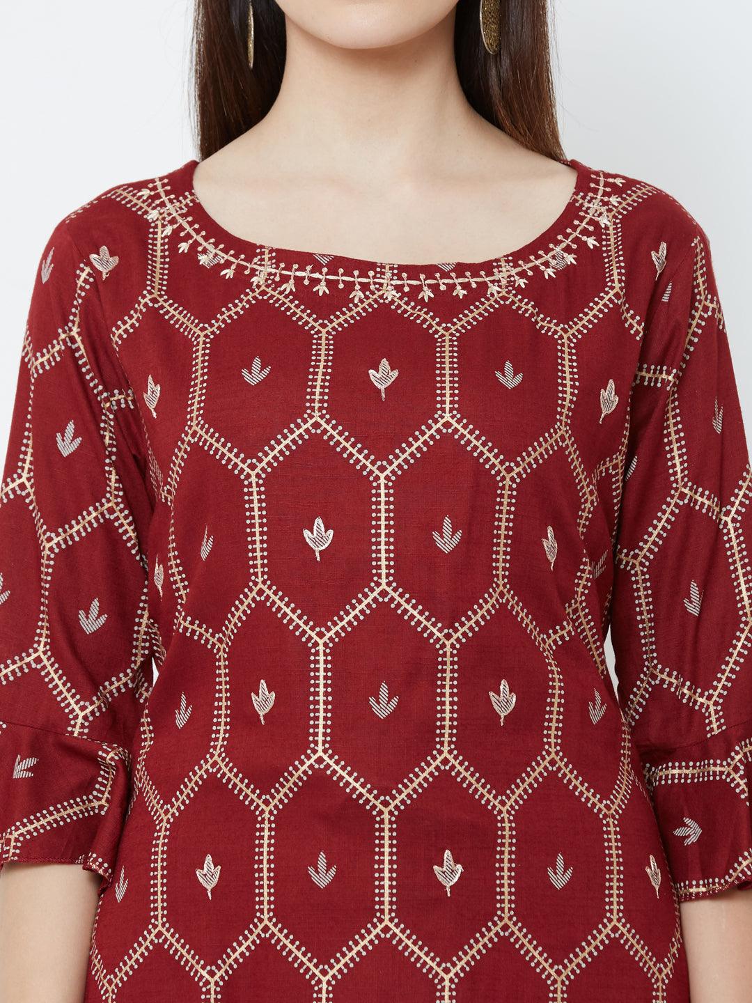 Minimal Floral Embroidered Kurta with Mango Printed Pant – Maroon - Indiakreations