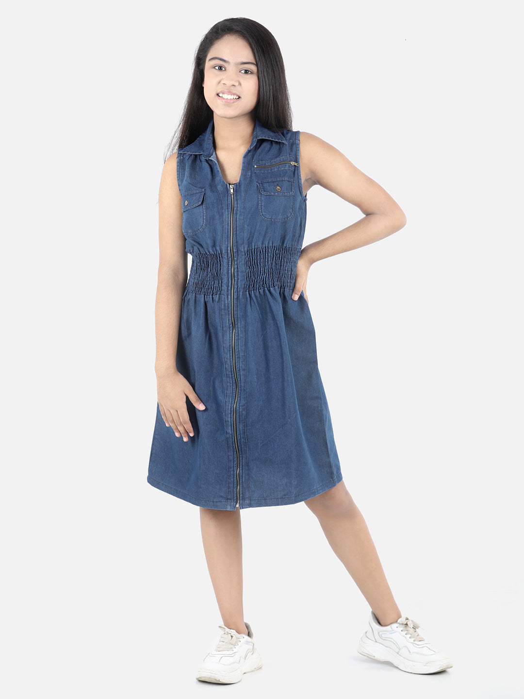 Girl's Denim Smocked Waist Front Zip Dress - StyleStone Kid