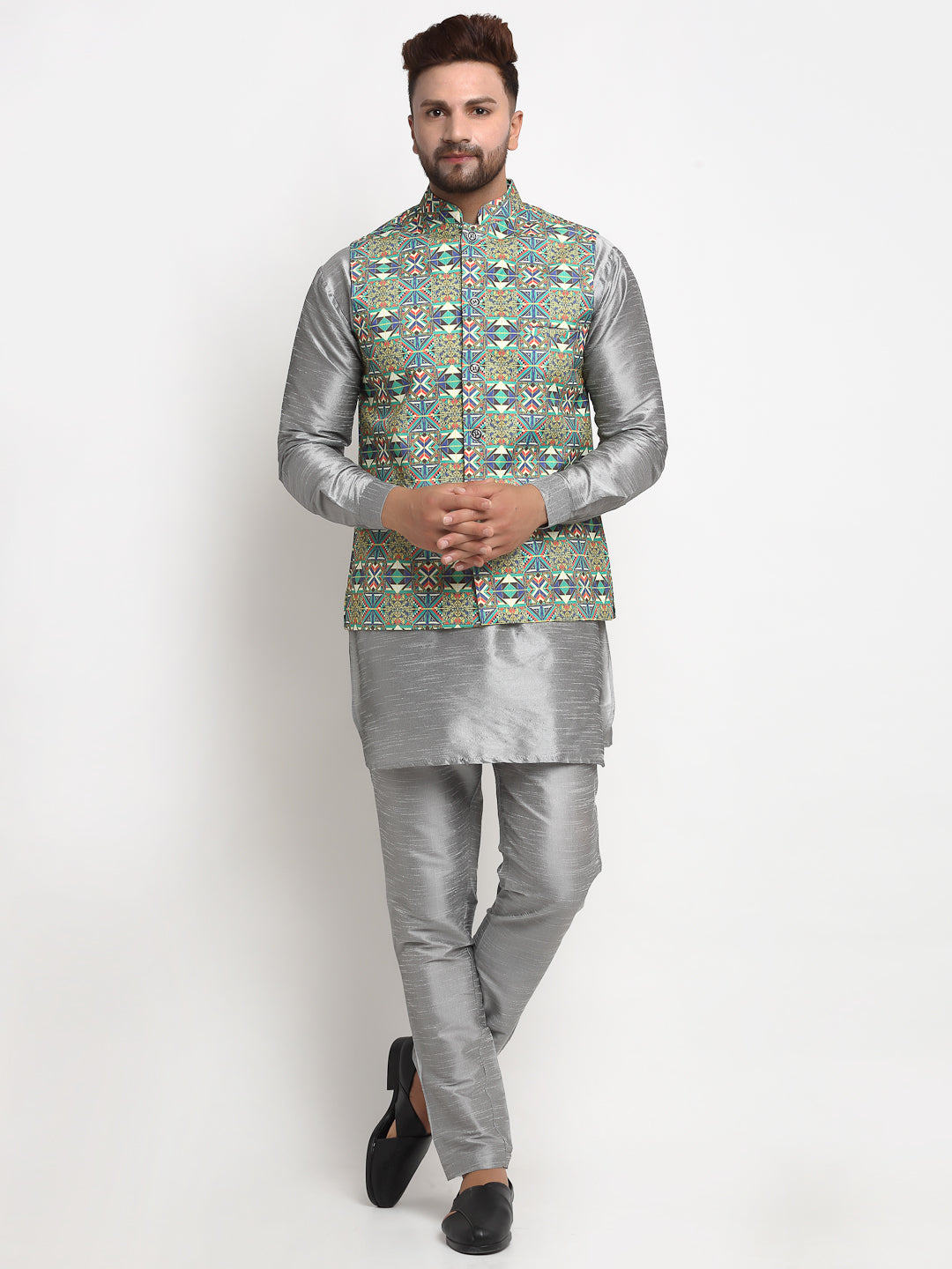 Men's Silk Blend Grey Kurta With Pyjama & Multicolor Printed Nehru Jacket - Benstoke