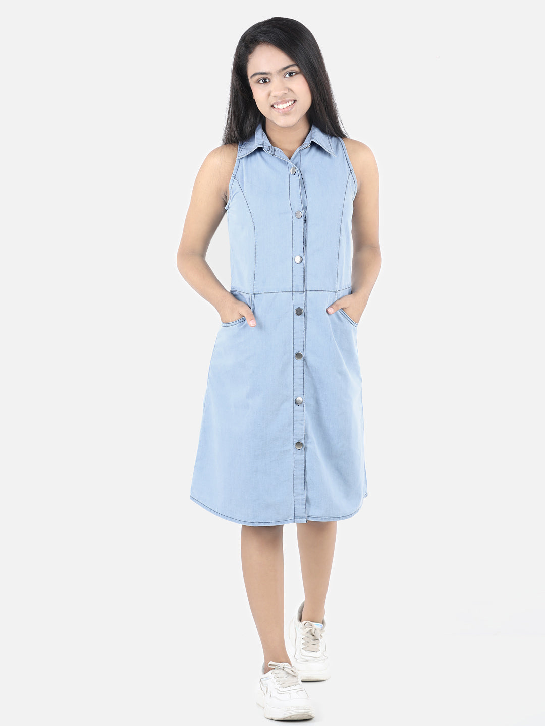 Girl's Denim Ice Blue Dress - StyleStone Kid