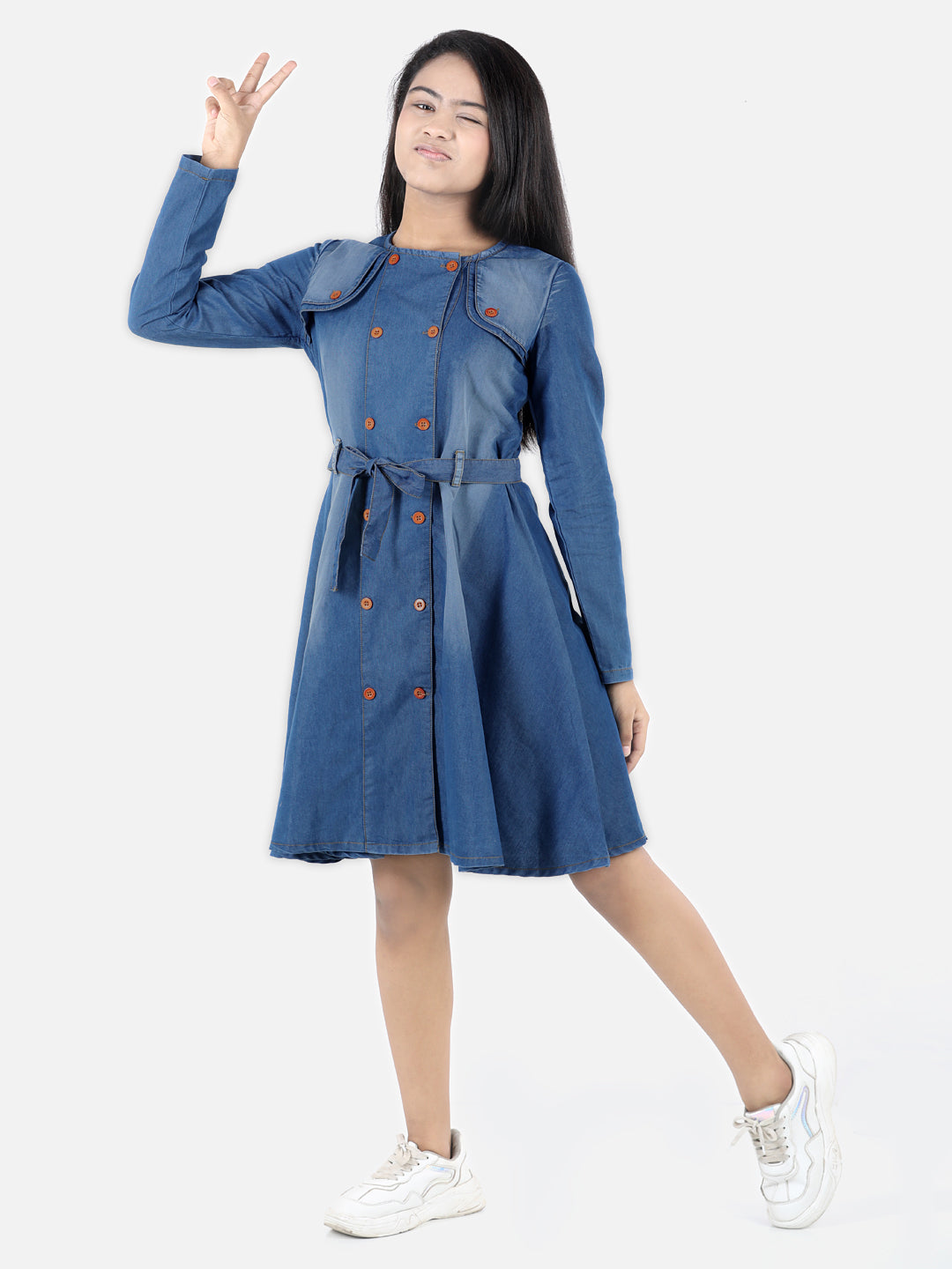 Girl's Denim Long Sleeve Dress With Shoulder Detail - StyleStone Kid