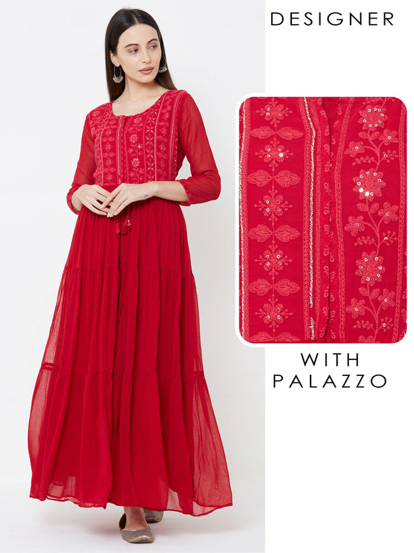 Floral embroidered Tiered Kurta with Solid Palazzo – Cherry Red - Indiakreations