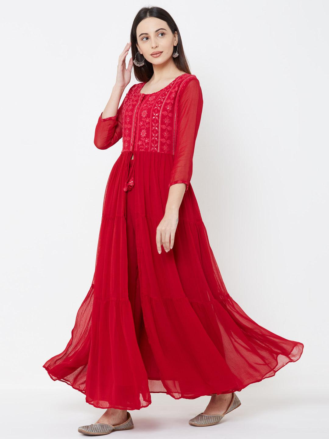 Floral embroidered Tiered Kurta with Solid Palazzo – Cherry Red - Indiakreations