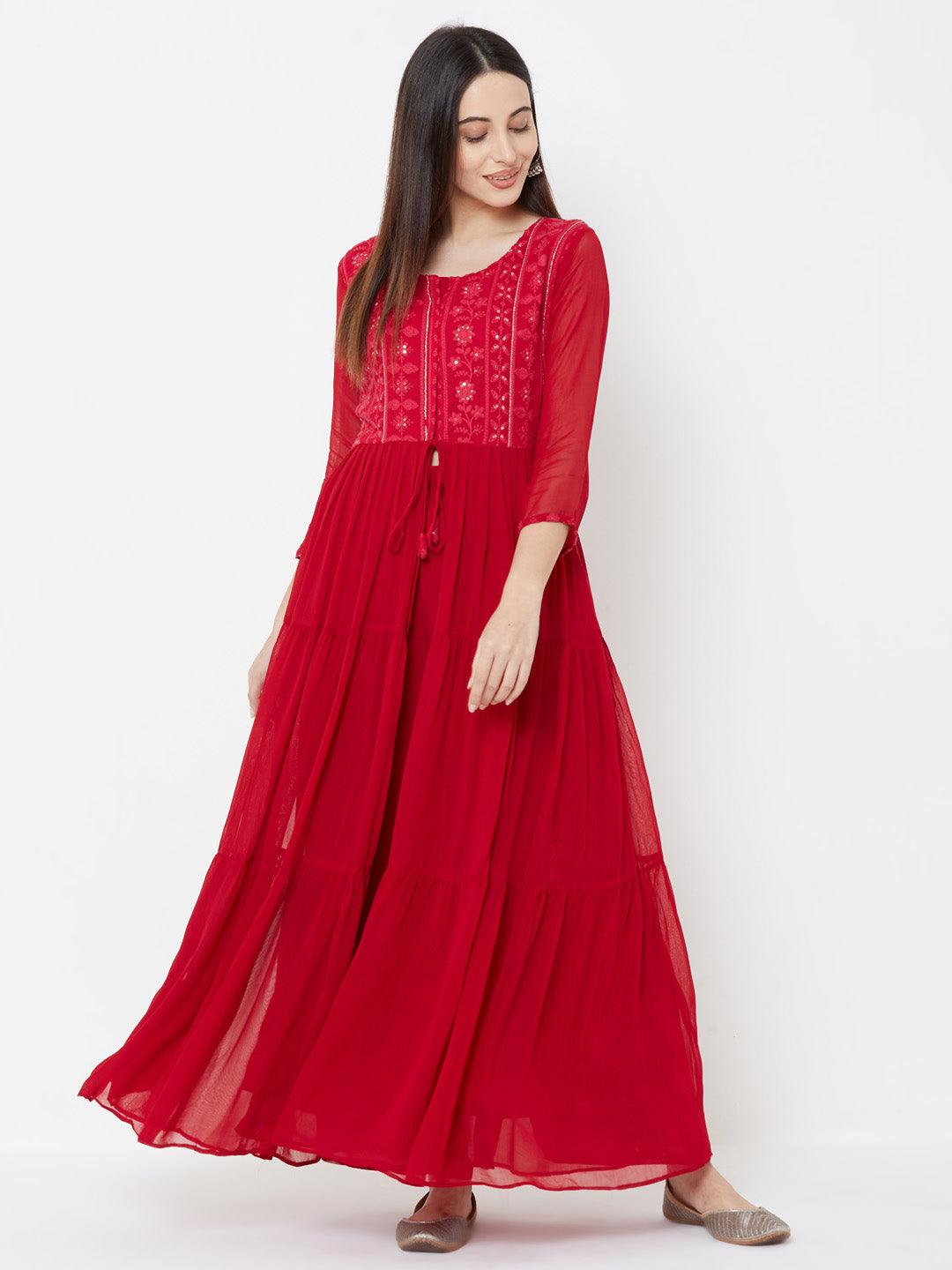 Floral embroidered Tiered Kurta with Solid Palazzo – Cherry Red - Indiakreations