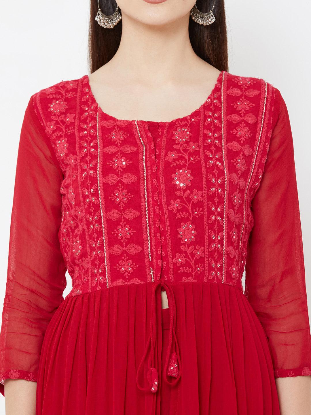 Floral embroidered Tiered Kurta with Solid Palazzo – Cherry Red - Indiakreations