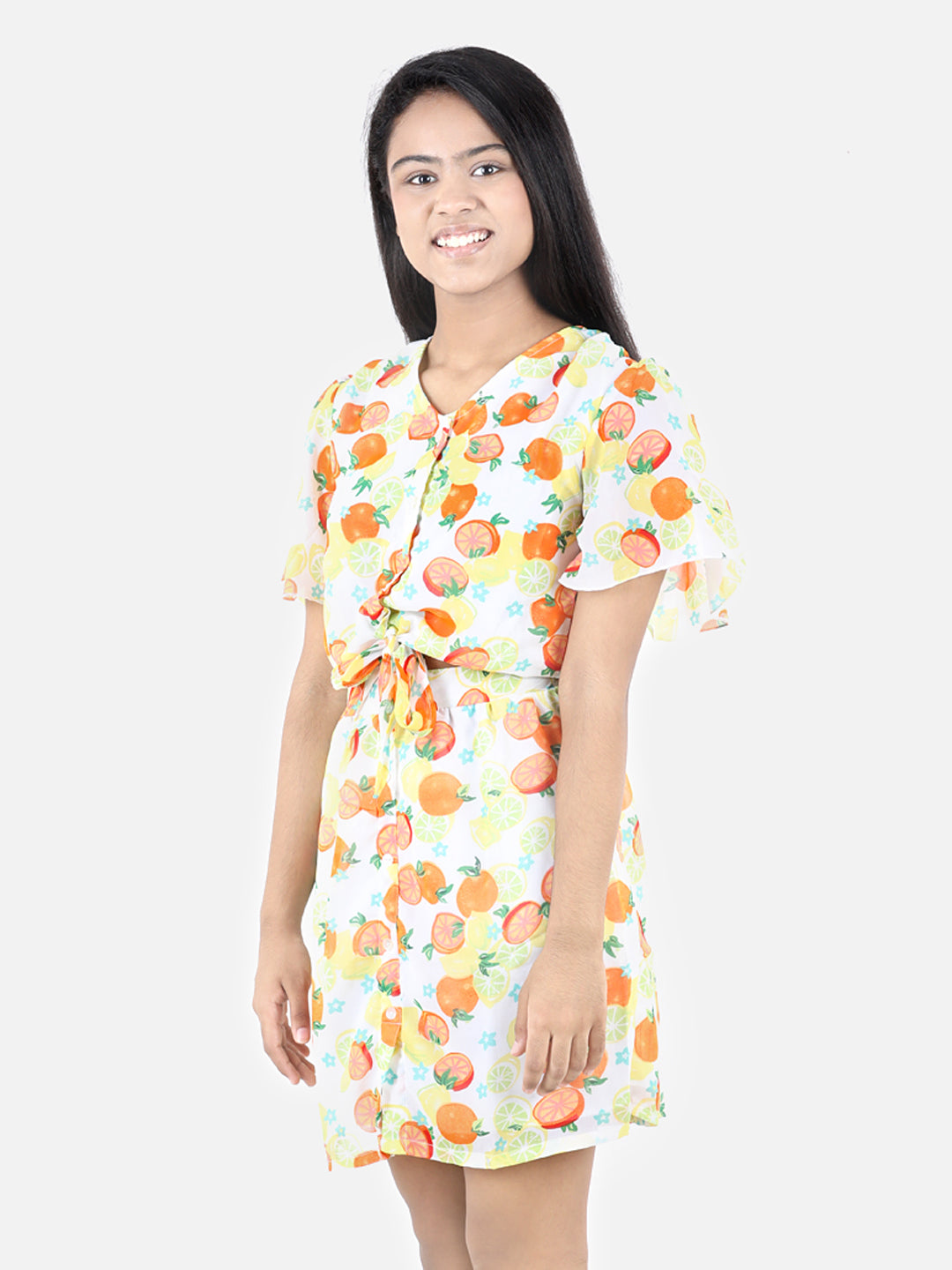 Girl's Polyester Printed Dress With Attached Tie Knot Style Top - StyleStone Kid