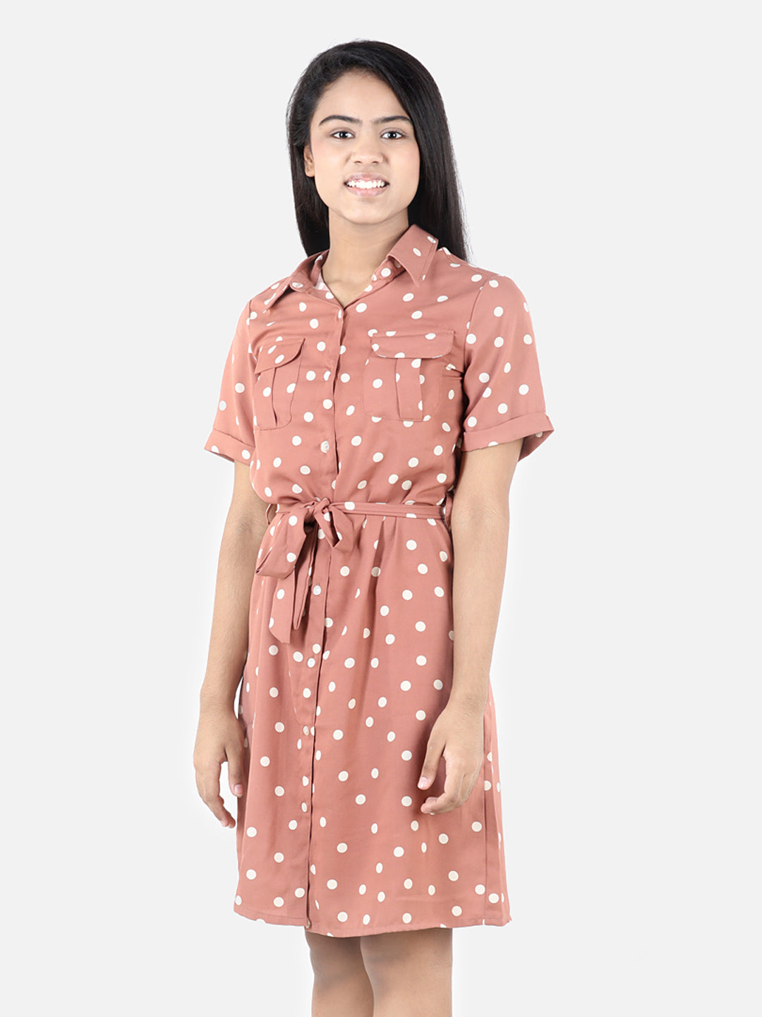 Girl's Brown Polyester Polka Shirt Dress - StyleStone Kid