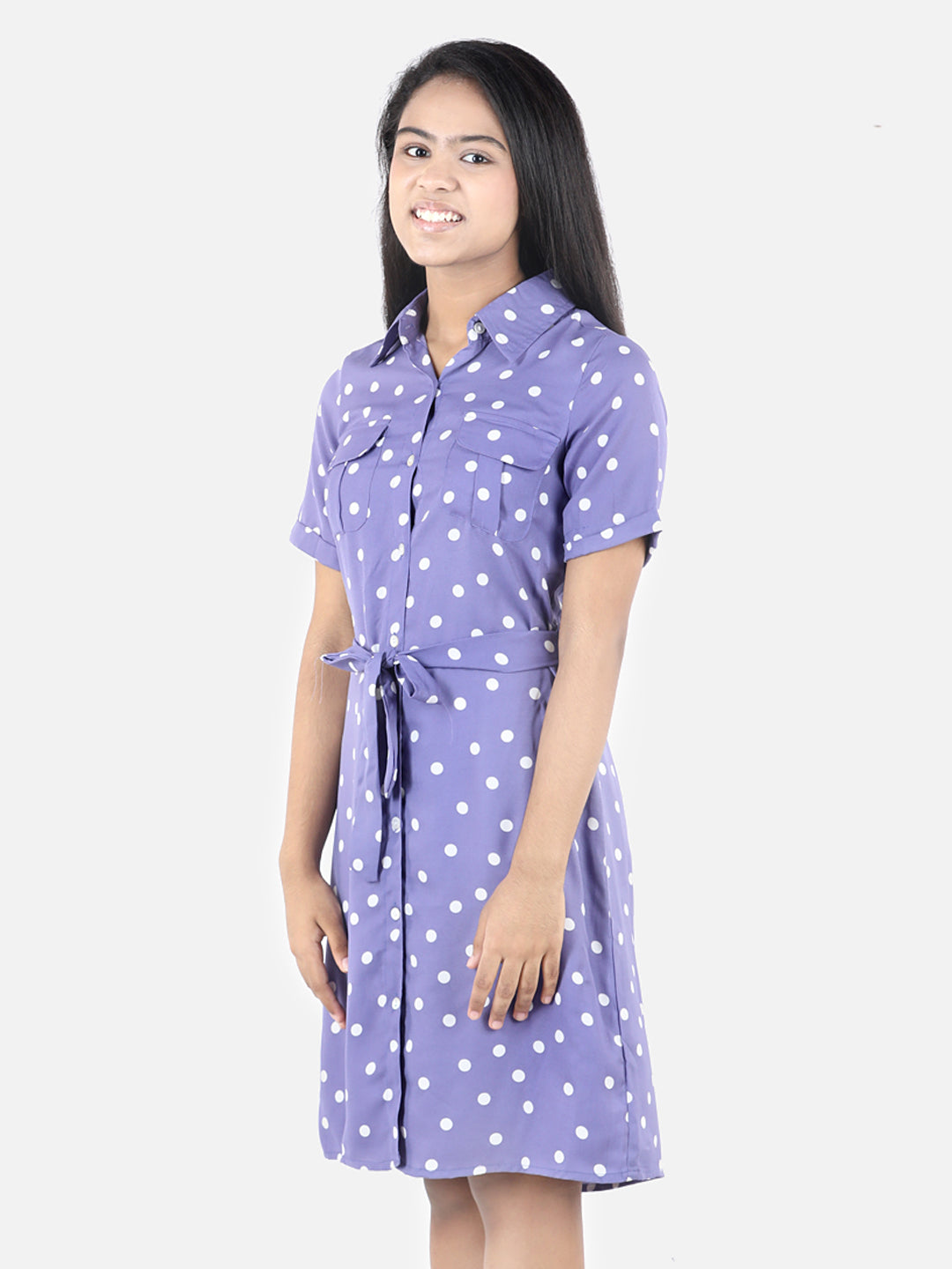 Girl's Lavender Polyester Polka Shirt Dress - StyleStone Kid