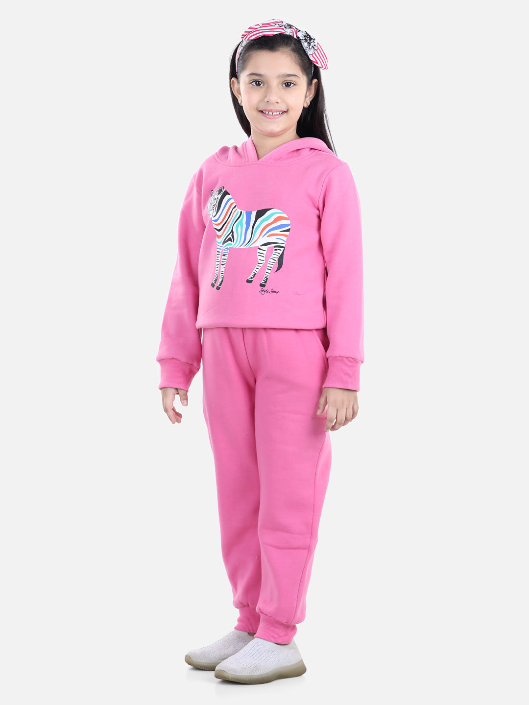 Girl's Dark Pink Zebra Printed Hooded Track Suit Set - StyleStone Kid