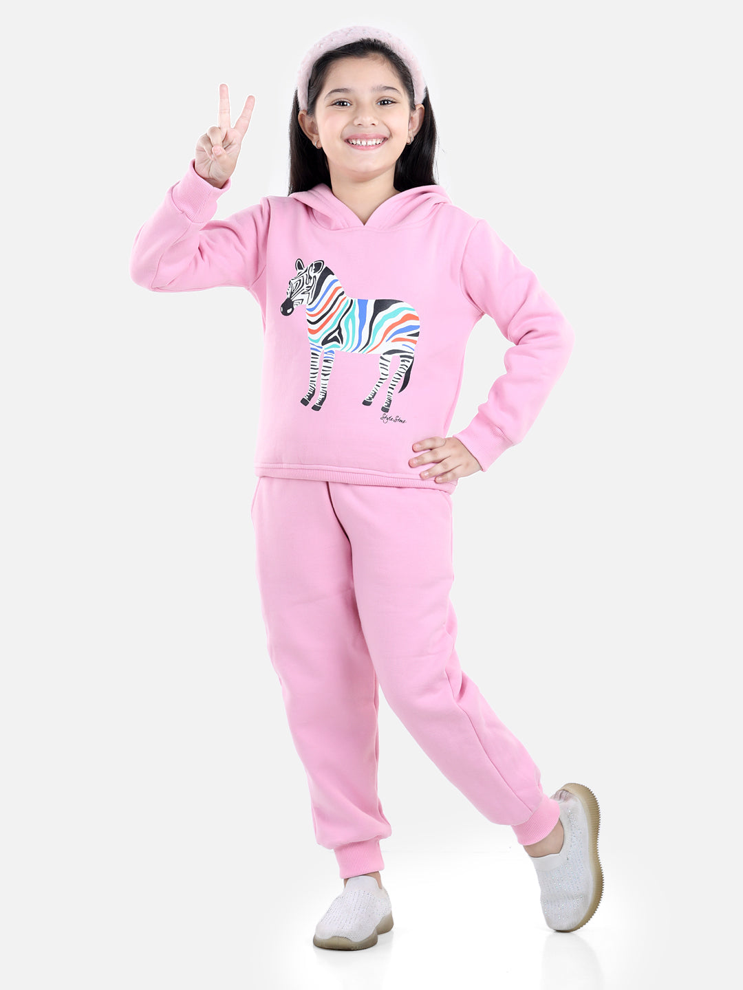 Girl's Light Pink Zebra Printed Hooded Track Suit Set - StyleStone Kid