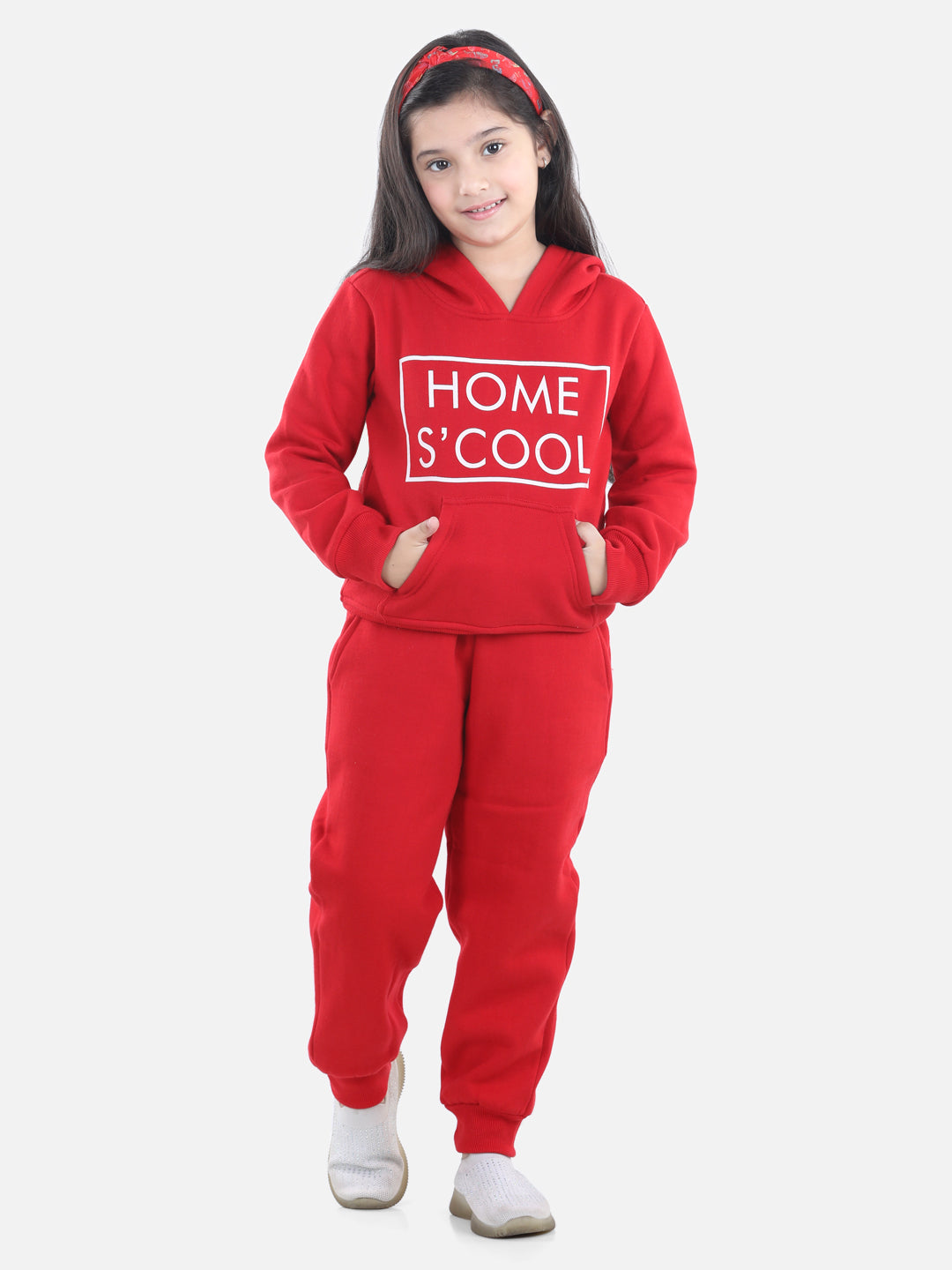 Girl's Red Home S'Cool Printed Hooded Track Suit Set - StyleStone Kid