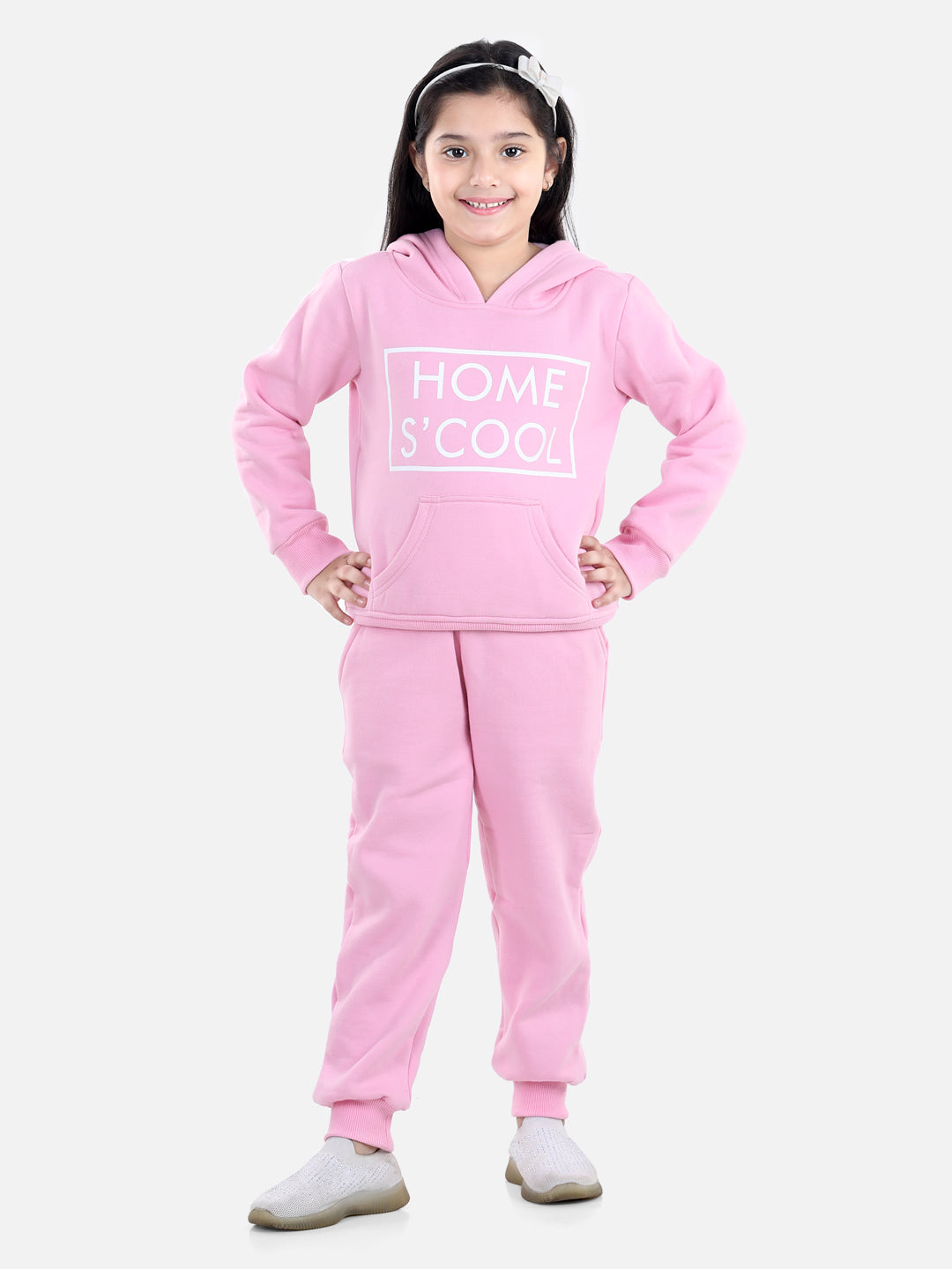 Girl's Light Pink Home S'Cool Printed Hooded Track Suit Set - StyleStone Kid