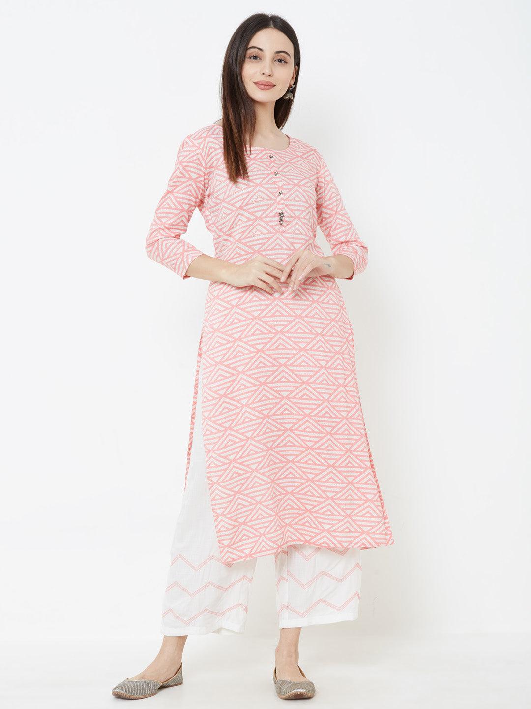 Geometric printed Kurta with Solid Pant – Pink - Indiakreations