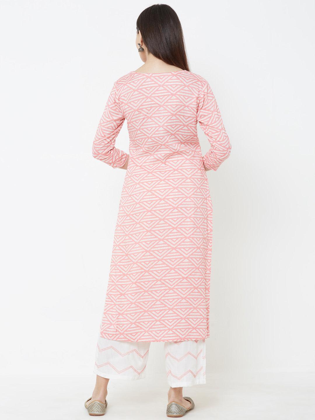 Geometric printed Kurta with Solid Pant – Pink - Indiakreations