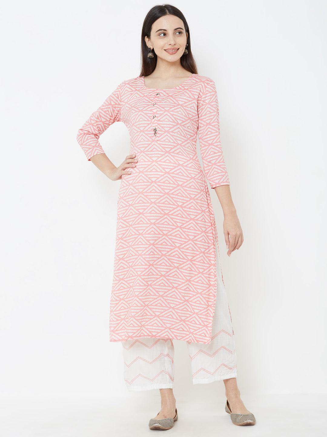 Geometric printed Kurta with Solid Pant – Pink - Indiakreations