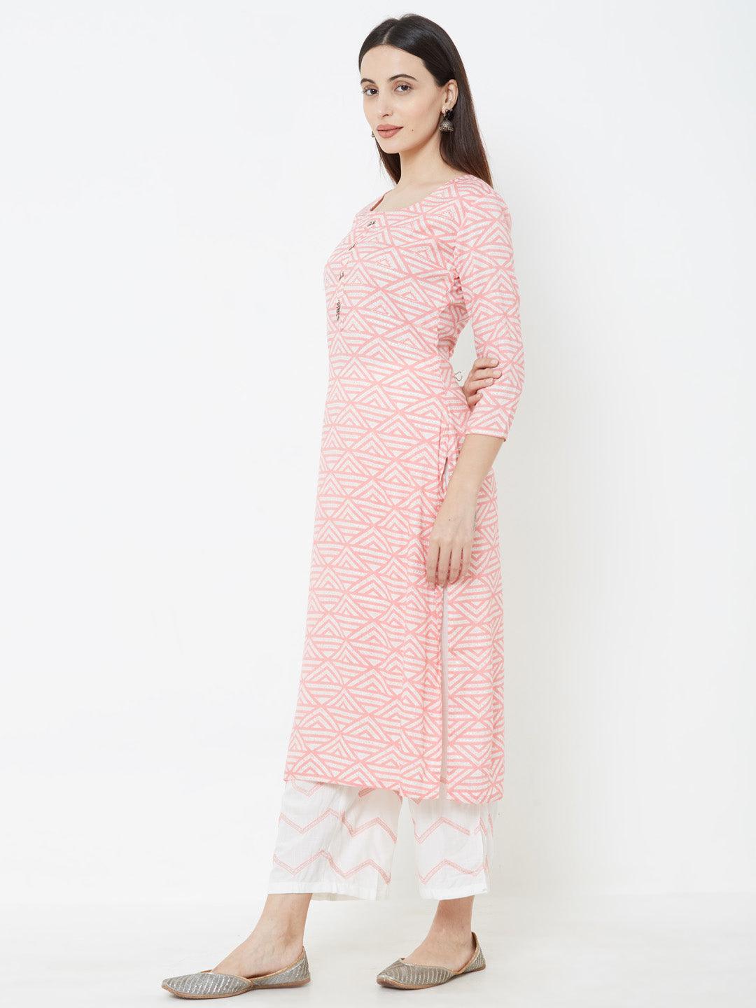 Geometric printed Kurta with Solid Pant – Pink - Indiakreations