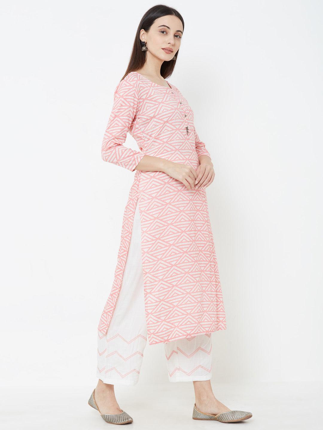 Geometric printed Kurta with Solid Pant – Pink - Indiakreations