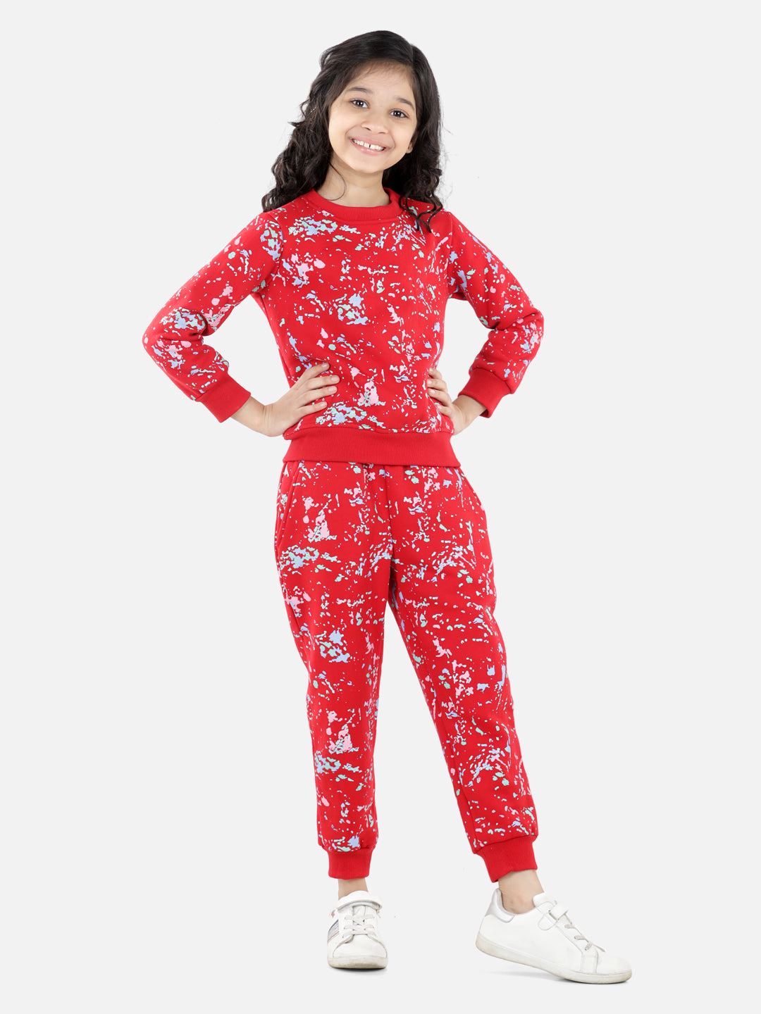 Girl's Red Base Splash Printed Track Suit Set - StyleStone Kid