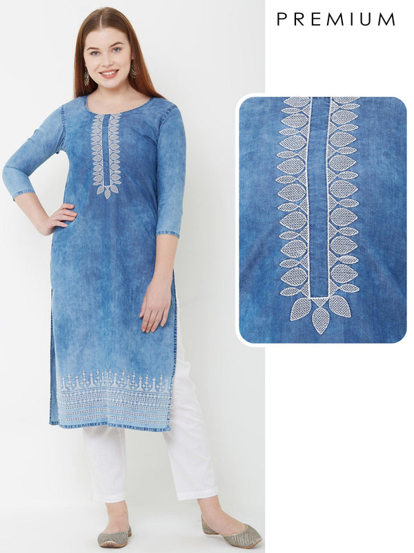 Elegant Embroidered Denim Kurta – Denim Blue - Indiakreations