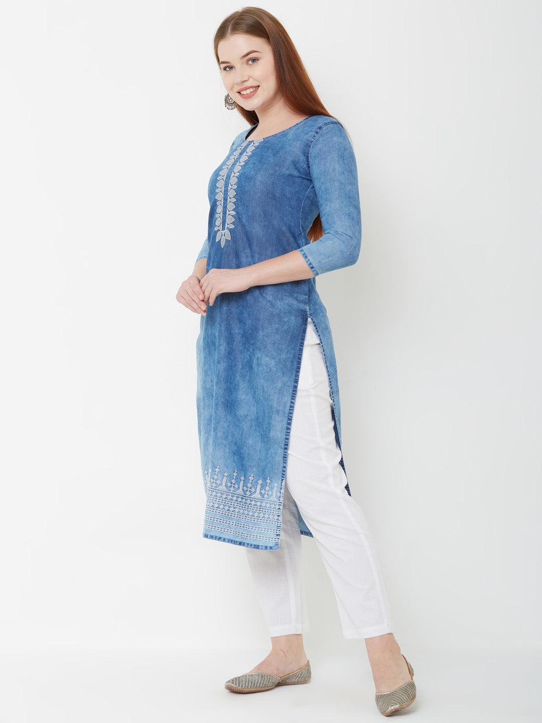 Elegant Embroidered Denim Kurta – Denim Blue - Indiakreations