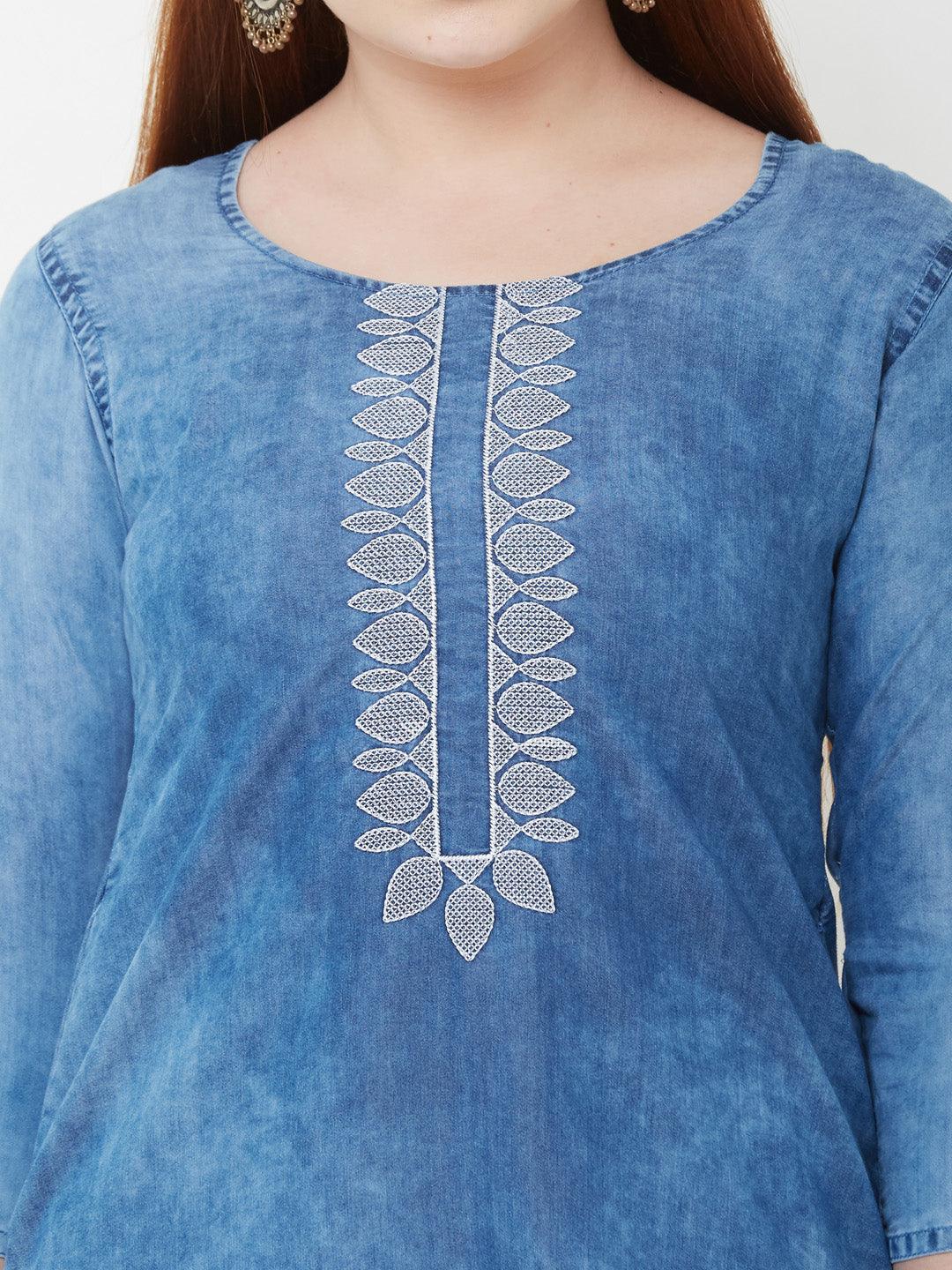 Elegant Embroidered Denim Kurta – Denim Blue - Indiakreations