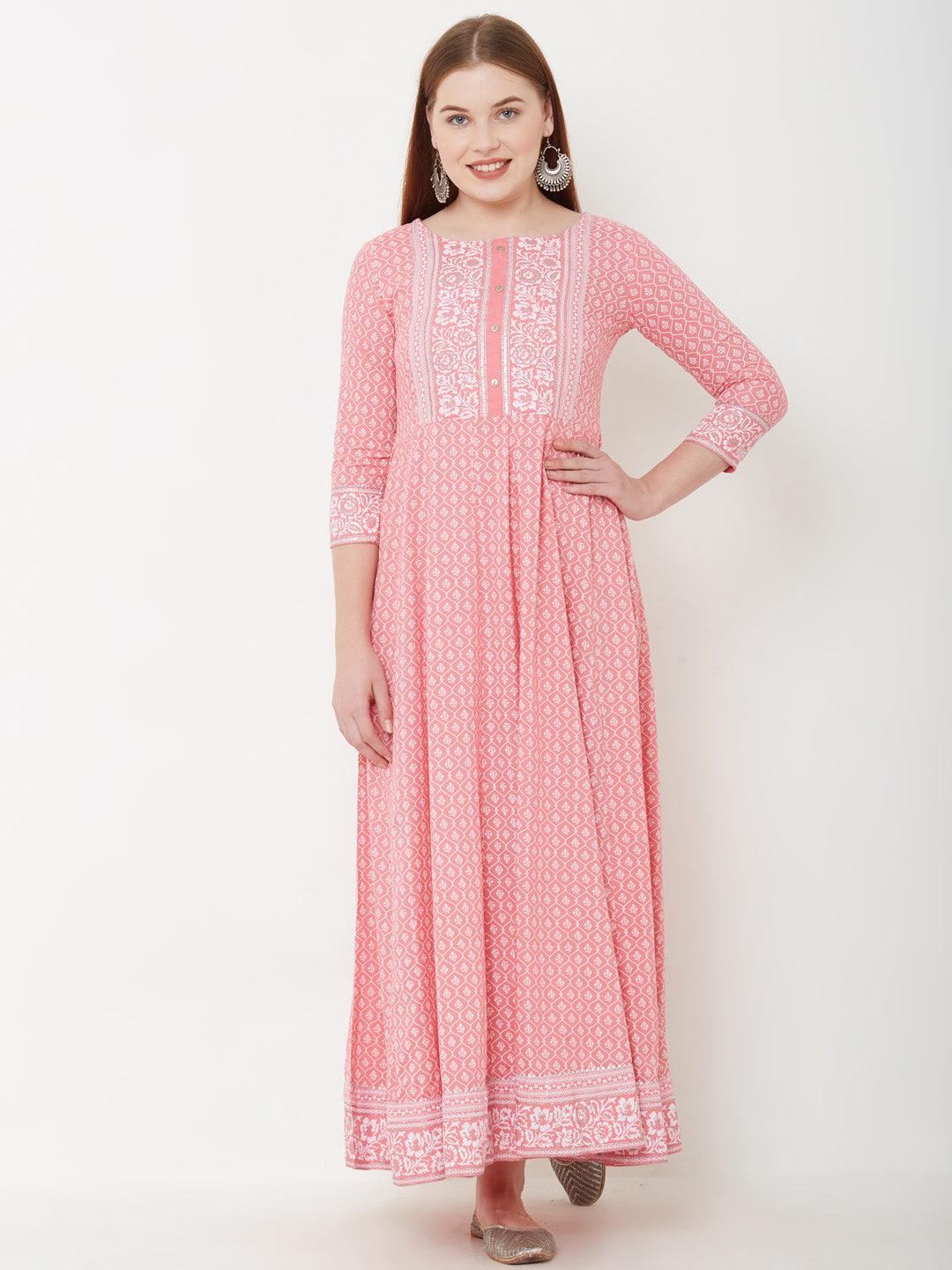 Quatrefoil & Floral Printed Maxi – Pink - Indiakreations