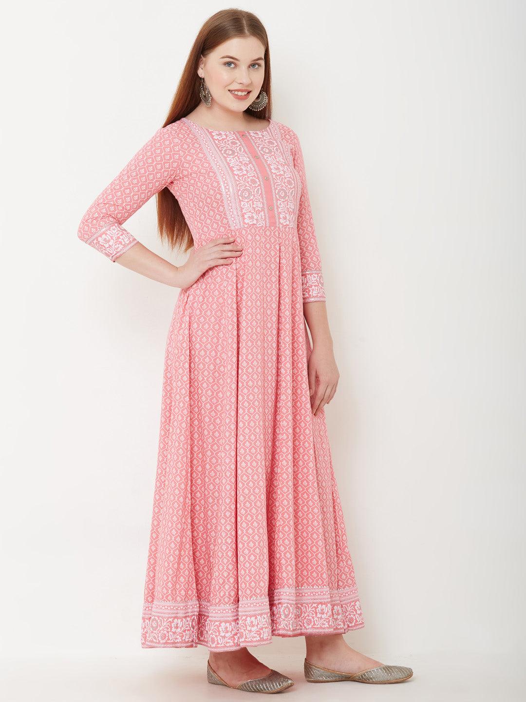 Quatrefoil & Floral Printed Maxi – Pink - Indiakreations