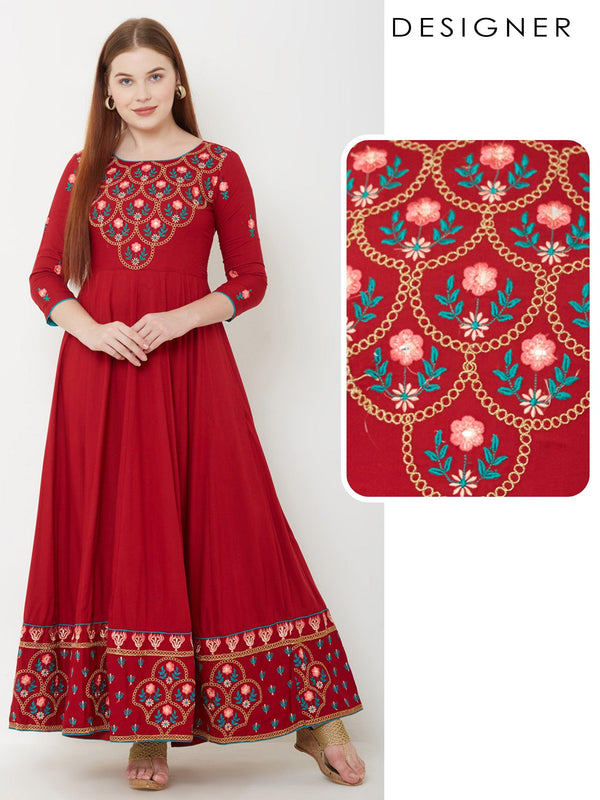 Cord Embroidered Multi Panelled Maxi – Scarlet Red - Indiakreations