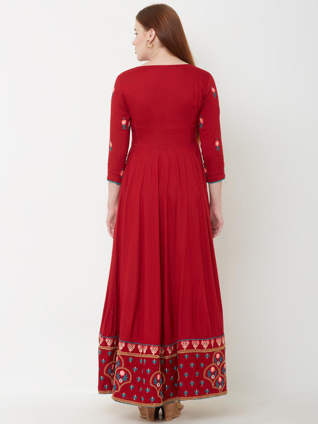 Cord Embroidered Multi Panelled Maxi – Scarlet Red - Indiakreations