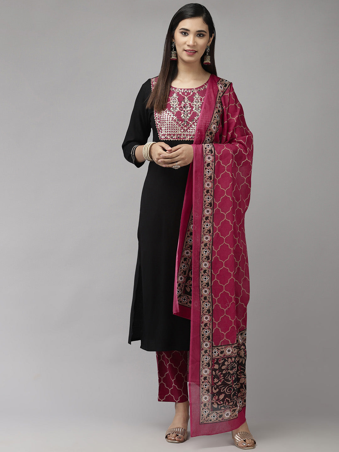 Women's Black And Pink Ethnic Motifs Yoke Design Kurta With Palazzos With Dupatta - Yufta