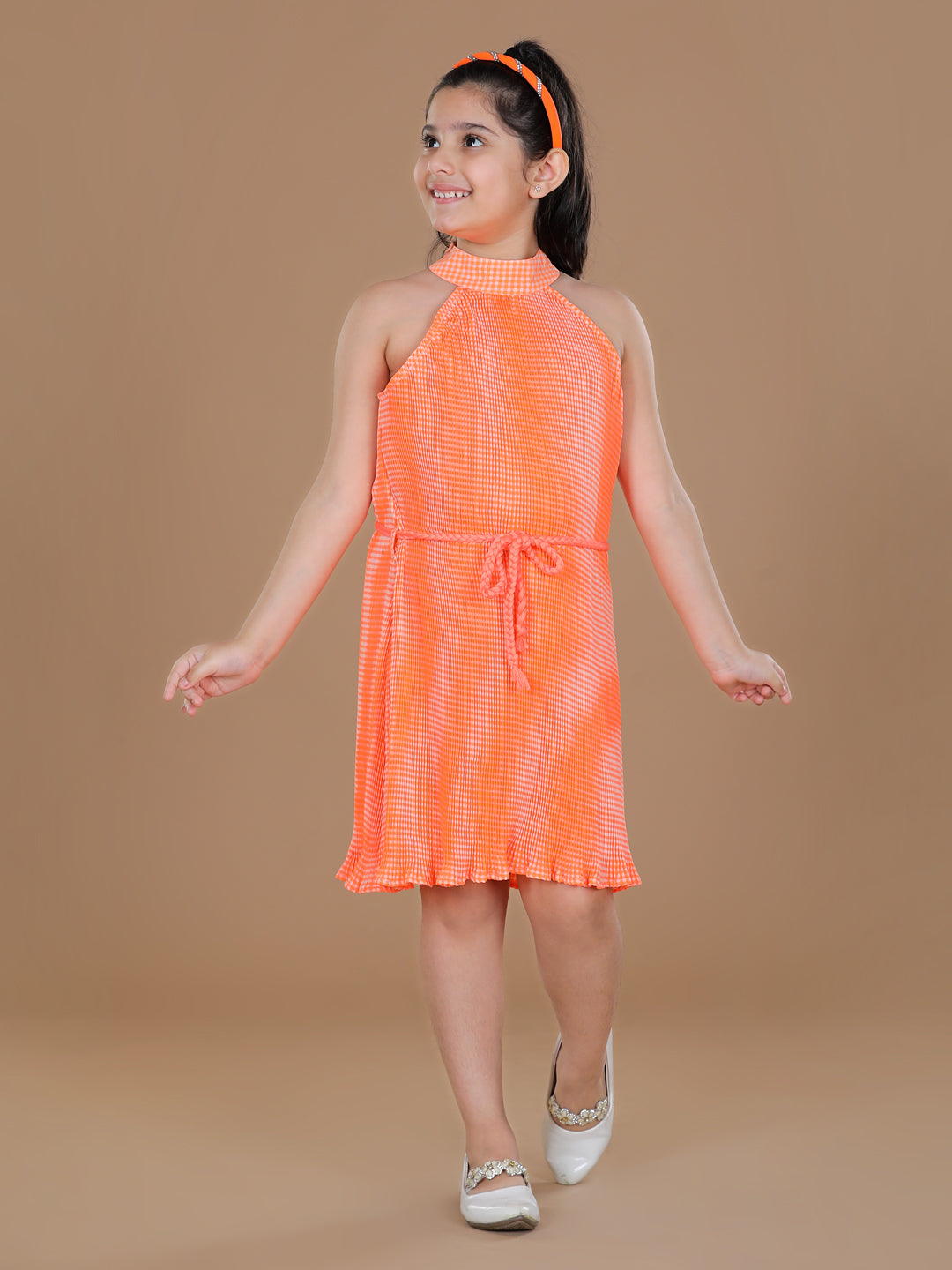 Girl's  Polycrepe Pleated Orange Print Dress - StyleStone Kid