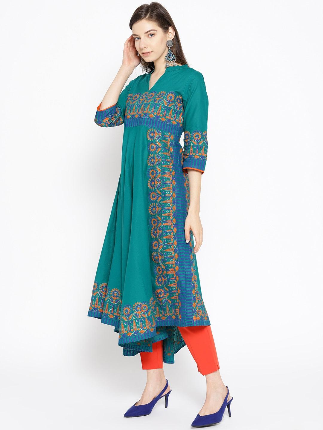 Women's Green Asymmetric Printed A-Line Kurta - Noz2Toz - Indiakreations