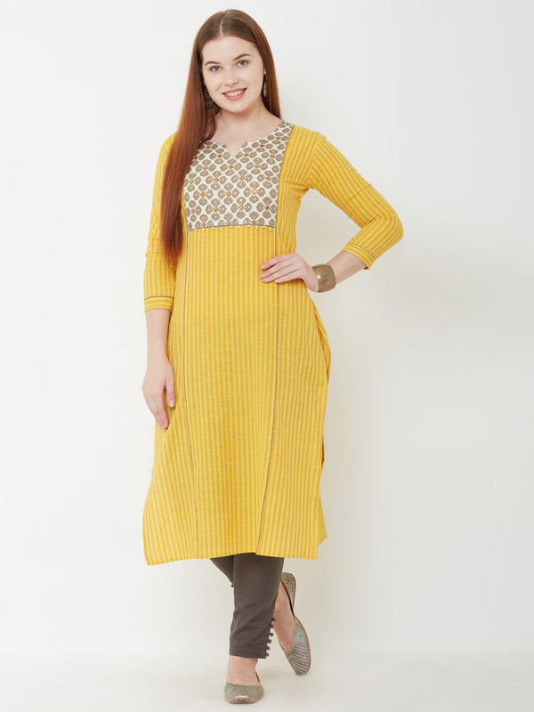 Mirror Embroidered & Bengal Striped Kurta – Mustard - Indiakreations