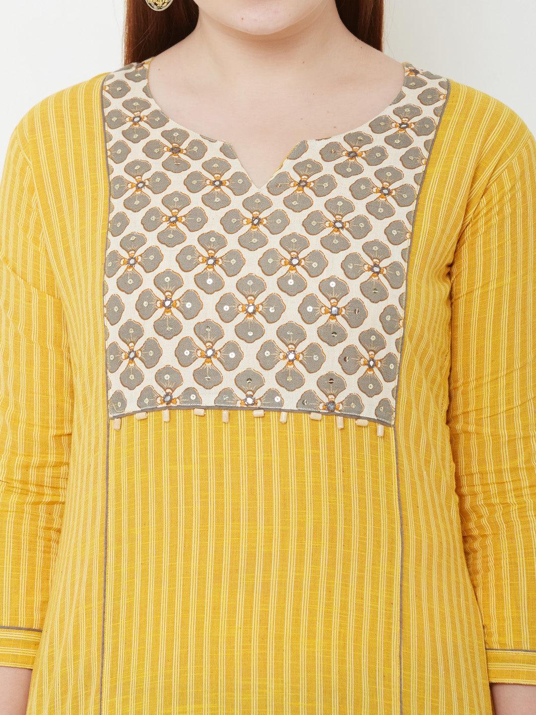 Mirror Embroidered & Bengal Striped Kurta – Mustard - Indiakreations