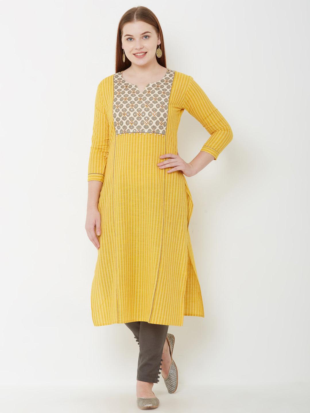 Mirror Embroidered & Bengal Striped Kurta – Mustard - Indiakreations