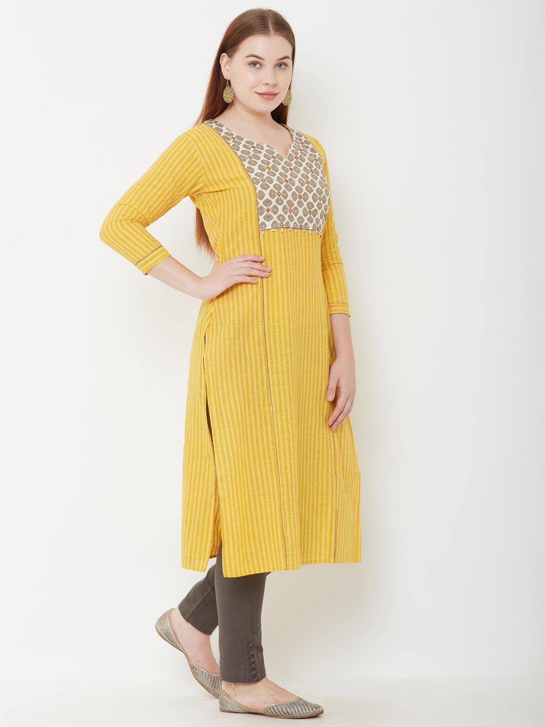 Mirror Embroidered & Bengal Striped Kurta – Mustard - Indiakreations